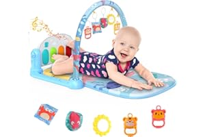OMGPEIKE Baby Play Mat, Baby Play Gym Activity Mat with Music & Lights Piano, 5 Hanging Sensory Toys, Baby Early Development Toys Gift for Newborn Infants Toddlers