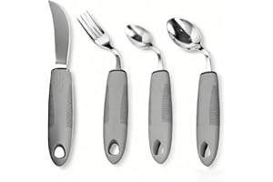 Dulynva Set di 4 Posate Disabili Curvo Manici Larghi Antiscivolo Acciaio Inox Ideale per la Ristorazione per Anziani Disabili, Artrite, Morbo di Parkinson, Tremori e Sofferenti (Destra)