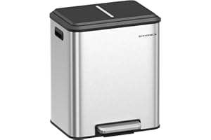 SONGMICS Kitchen Bin, 2 x 4 Gal. (2 x 15 L) Double Bin for Recycling and Waste, Rubbish Bin, Inner Buckets, Steel, Soft-Close Lid, Wide Sturdy Pedal, Metallic Silver LTB544E01