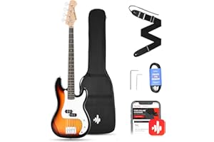 Donner E-Bass Gitarre Anfänger Set, 4 Saiten P-Stil Bass Gitarren in voller Größe Elektrobass mit Gitarrentasche, Gitarrengurt und Gitarrenkabel (Sunburst)