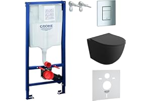 LAVITA GROHE Solido WC Suspendu Mural Sans Rebord Noir + Siège Avec Système d'Abaissement Automatique - Kit Complet Encastré