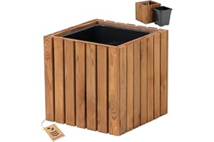 HOMERZO Jardinière pour l'intérieur et l'extérieur - En bois avec insert en plastique - 18 l - Pot de fleurs carré pour balcon ou terrasse (36 x 36 cm x 35 cm)