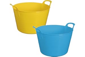 Latchini 40 Litre Large Flexi Tub with Handles Set of 2 Garden Tubtrugs | Multi Use Outdoor Garden Harvest Basket Storage & Bucket Ideal for Yard Gardening, Carrying and Crops Harvesting|Yellow/Blue