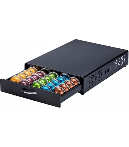 Vertuoline, supporto multifunzione in metallo per 60 capsule Vertuo piccole o 40 grandi e 40 cialde Dolce Gusto, cassetto organizer Nespresso