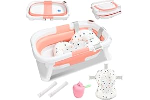 Eulenke Faltbare Babybadewanne mit integriertem Thermometer und Baby-Haarwaschbecher - Tragbare Rutschfeste Wanne für Neugeborene bis 3 Jahre - Stützkissen inklusive, Rosa