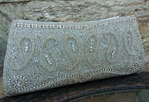 White Clutch, Silver Clutch, Pearl pipes stone Beaded Clutch Purse, Handmade Satin Evening Purse, Bridesmaids Clutch wedding gift
