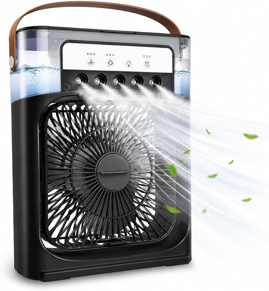 Coverzone Buharlı Hava Soğutucu,Taşınabilir Kablolu Portatif Klima, 600 Ml, Mobil Sulu Klima, 3 Rüzgar Hızı, 3 Sis Modu, Buzlu Vantilatör 5 Sprey Delikli ile Renkli LED Işıklı-26x19x8 Cm, K27