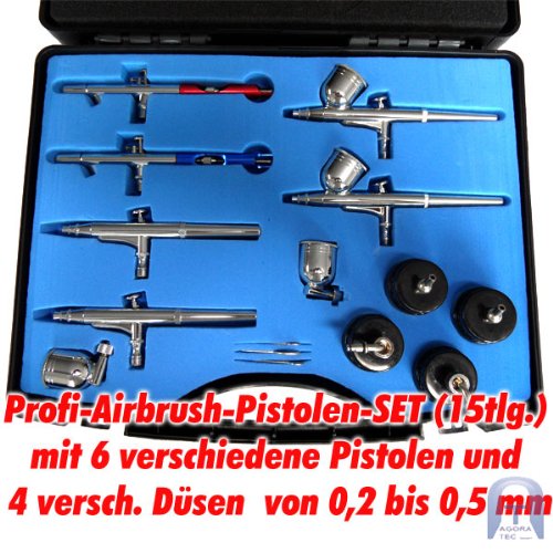 Agora-Tec® Airbrush Pistolen Set AT-AS-01 – 15 tlg. Airbrush-Pistolen-Set mit 6 Pistolen in 4 verschieden Düsengrößen - 2