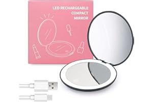 wobsion LED Specchio Compatto Ricaricabile Dimmerabile con Ingranditore 10x,Specchietto da Borsetta,Specchio da Viaggio,Specchio Portatile,Specchio per Trucco con Luci,Specchio Regali (Black)