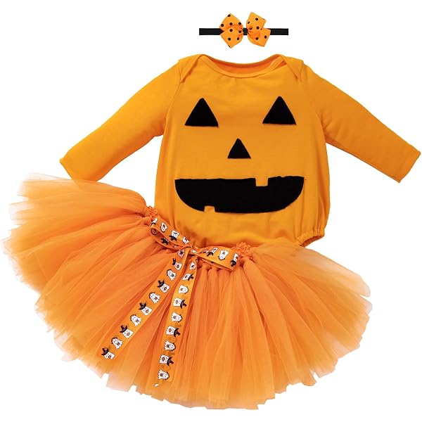 Tuta Halloween Neonata 2 Pezzi - Maglietta Zucca E Gonna Con Fascia Capelli Arancione