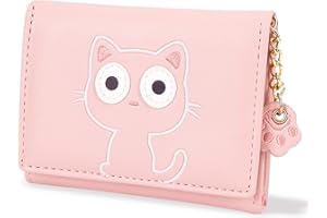 Conisy Śliczny smukły damski skórzany portfel, małe składane portfele blokujące RFID, dla dziewcząt i kobiet, z okienkiem na dowód osobisty, Kot różowy, S, Nowoczesny