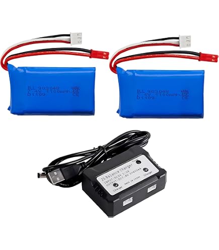 URGENEX Lipo 2S 7,4 V 30 C 450 mAh rechargeable Lipo avec prise JST et PH2.0 SCX24 avec chargeur USB 1to2 compatible avec la plupart des voitures télécommandées 1/10, 1/16, 1/18, 1/24