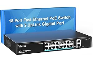 VIMIN 18 Port Fast Ethernet PoE+ Switch with 2 Gigabit Uplink Ports, 16 Port 10/100Mbps PoE Network Switch Unmanaged Support IEEE802.3af/at, Extend 250m, Vlan, 250W PoE Budget, Metal Case, Rackmount