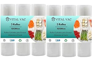VITAL VAC 6 Rollos Gofrados de 15x300 cm | Para Bolsas de Envasadora al Vacío de Alimentos | Reutilizables | Válidos para Conservación, Congelación, Microondas y Cocción Sous Vide