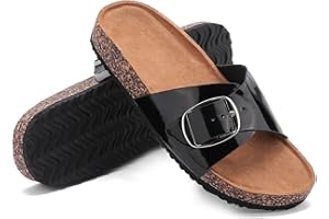 JIFENKLA Damen Pantoletten Cozy Bequem Clogs Sandalen, Kork-Fussbett Leder Big Buckle Sommer Rutschfeste Weich Schlappen, Leicht Elastisch Orthopädische Hausschuhe Original Mules Slides Sommerschuhe