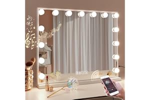 Fenair Hollywood Spiegel mit Beleuchtung Bluetooth Lautsprecher 15 Dimmbare Glühbirnen, Schminkspiegel mit Beleuchtung USB Ladeanschluss Schminkspiegel Spiegel mit Beleuchtung Memory Funktion