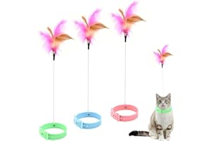 Bekecidi 3PCS Collar de Gato Teaser Palo,Juguete Collar de Gato,Silicona Ajustable Gato Juguete Collar de Plumas,Juguete Interactivo para Gatos con Campana Adecuado para el Juego de Interior del Gato