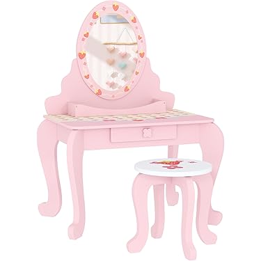AIYAPLAY Make-uptafelset voor kinderen, 15-delig, make-uptafel met kruk en spiegel, licht, muziek, microfoon, haardroger, opbergruimte, voor meisjes van 3 tot 6 jaar, roze