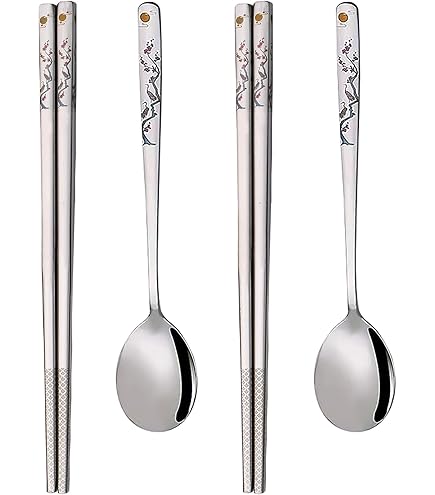 Made In Korea Set Posate Coreane - Cucchiaio E Bacchette In Acciaio Inox 304 Con Motivo Fenice - Placcatura Oro Titanio, 215mm