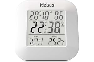 Mebus digitaler Funk-Wecker mit Thermometer, Datumsanzeige und Beleuchtung, Snooze-Funtion, Material: Kunststoff, Farbe: Weiß, Modell: 51511