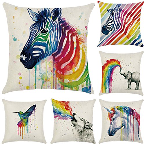 Cotton Linen Throw Pillow Case Rainbow Animals Cushion Cover Home Office Decorative 18 X 18 Inches 6