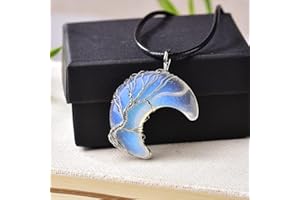 QJZM 1 STÜCK Naturkristall Anhänger Lebensbaum Mondform Stein Für Männer Frauen Schmuck Mineral Schmuck Energiestein DIY Geschenk-Opal