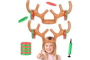 XLZJYIJ Aufblasbares Rentiergeweih-Spiel, Weihnachten Aufblasbares Ringwurfspiel, Rentier Geweih Aufblasbar, 2 Stück Aufblasbares Geweih mit 8 Ringe und 1 Luftpumpe, Kinder Wurfringen für Weihnachtsfeiern