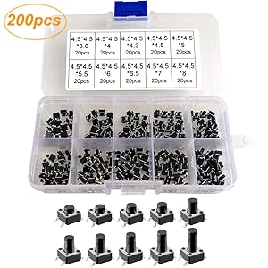 Gebildet 200Pcs 4.5×4.5mm Colorful Tactile Push Button Switch Micro Momentary Tact Assortment Kit(4.5×4.5×3.8/4/4.3/4.5/5/5.5/6/6.5/7/8mm),Tactile Push Button,Tact Tactile Switch(Each Size 20pcs)
