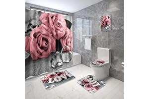 Bullpiano Valentinstags-Duschvorhang-Set mit rutschfestem Teppich, WC-Deckelbezug und Badematte, Valentinstags-Dekor-Set, Rosen/Liebesherz, Valentinstags-Badevorhang-Set, Valentinstagsdekoration (S)