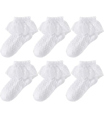 Calzini Bimba Cotone Estivi 6 Paia Calzini Alla Caviglia In Pizzo Per Bambina - Cotone Bianco E Nero, Fantasia Frilly 6 Paia Calzini Bambini - Foto 3