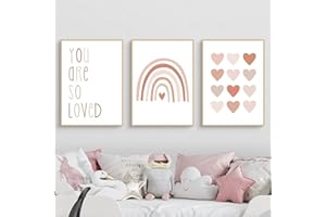 Ueiwffzo 3er Set Poster Bilder Kinderzimmer Rosa Regenbogen Gänseblümchen Bilder, Rosa Poster & Kunstdrucke, Bilder Leinwand Mädchen Kinderzimmer Deko, Ohne Rahmen (B,30x40cm)