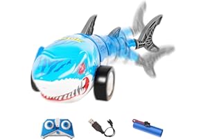 OBEST Voiture Télécommandée RC Requin Jouets, 2,4 GHz Voiture de Cascade, Rotation à 360° Radiocommandée Shark Car avec Lampe LED, Requin Cadeau de Pâques pour Garçons et Filles de 14+ Ans