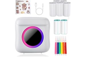 CARSEATTY Sticker Printer, Mini Portable Thermal Printer with Colorful Light, Label Maker Inkless Bluetooth Thermal Paper Printer for Printing Logo, Notes,Journal,List,Memo(including 7 rolls of printing paper)