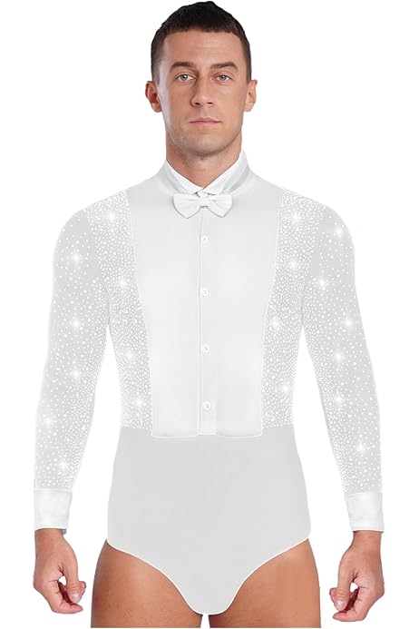 Body Uomo Da Danza Con Strass Mesh Manica Lunga Per Tango