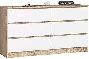 AKORD Cassettiera K 140 cm 6 (2 x 3) Cassetti | Moderna Mobiletto per Soggiorno Sala da Pranzo Camera da Letto | Armadio Cameretta | 138 x 77 x 40 cm | Peso 51kg | Rovere di Sonoma/Bianco