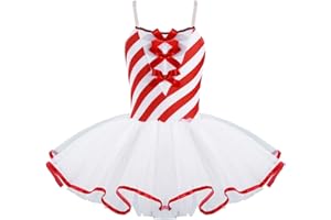 CHICTRY Abito da Pattinaggio Artistico Bambina Vestito da Cerimonia Principessa Natalizio Paillettes Senza Manica Leotard a Righe Compleanno Party Costume Natale Christmas