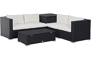 Outsunny Set Mobili da Giardino 6 Pezzi Componibile in Rattan PE, Salotto da Esterno con 4 Poltrone Imbottite e 2 Tavolini Contenitore, Nero e Crema