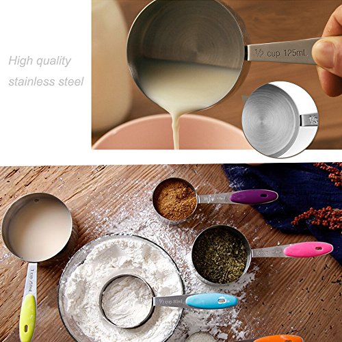Edelstahl Messbecher und Messlöffel mit dem Silikon Griff für trockene und flüssige Zutaten -frei Eiertrenner-Ideal zum Backen und Kochen 10 Piece Spoons+Cups - 4