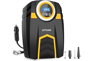 ‎SYTUNG SYTUNG Pompka do opon Przenośna sprężarka powietrza Samochodowa pompka do opon z 3 adapterami dyszy Elektryczna samochodowa pompa powietrza (żółty)