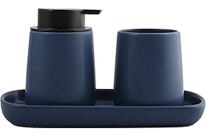 MSV Badezimmer Set, 3-teiliges Badzubehör aus Keramik Maonie Seifenspender, Badablage für Schmuck und Zahnputzbecher Dunkelblau