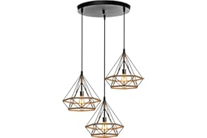 PETITES ECREVISSES Luminaire Suspension Design Industriel 3 Lumières Diamant Chanvre Corde Vintage Lustre Abat-Jour Cage en Métal Rétro Plafonnier pour cuisine salon chambre, E27, Réglable, Noir