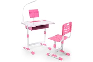 Oyajia Kids Desk and Chair Set, Adjustable Height Study Table Set, Children's Table & Chair Sets with lamp, Drawer, Book Stand, Pen Slot - Pink.