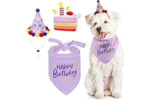 KOOLTAIL Dog Birthday Bandana Hat Squeaky Cake Plush Toy Set, Cute Pet Happy Birthday Accessory Puppy Chew Toy for Dogs Cats Puppies, Adjustable Hat, Multi Sizes Dog Scarf, Purple