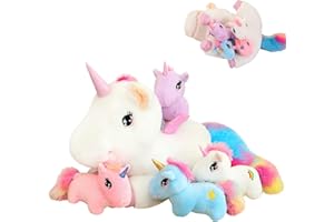 SQEQE Niedliche Einhorn Stofftiere mit 4 Baby Einhorn Plüschtiere in ihrem Bauch, Regenbogen Fliegendes Plüschkissen Spielzeug mit Flügeln, Valentinstag Geburtstagsgeschenke für Jungen Mädchen