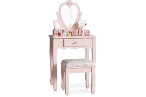 JOOLI H Kids Dressing Table with Mirror and Stool, Pink Children's Vanity Set with Flip Up Heart Mirror and 3 Drawers, Girls Makeup Desk for Age 3-9