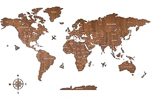 Creawoo German Wooden World Map Wall, Handmade Wall Decoration Walnut Wood World Map Wall Art Wall Decoration for Home & Office, 150 x 85 cm