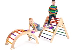 BommJokker Pikler Triangle Indoor Climbing Frame for Toddlers 3 in 1 Montessori Wooden Toddler Climbing Frame Set Toddlers Rock with Ramp and Arch Climbing Triangle(Multicolor, Large)