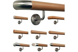 TIBU Bukowa poręcz schodów, poręcz 30 - 500 cm, wykonana z jednego kawałka, z uchwytem, podpórką i obrobionymi końcami / długość 180 cm, z 3 uchwytami i końcówką: łuk ze stali nierdzewnej