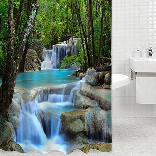 RosyXandy 3D Waterfall Scenery Waterproof Bath Shower Curtain Liner Fabric for Bathroom 180x180cm with 12 Hooks
