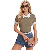 Leriya Fashion Women's Ribbed Knit Polo Top - Short Sleeve Slim Fit Collared T-Shirt, Lightweight Breathable Summer Casual Bl